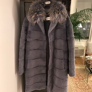 Rabbit fur coat with blue tip fox collar